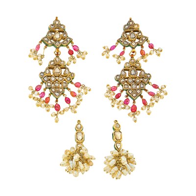 Lot 1170 - Two Pairs of Indian Gold, Foil-Backed Diamond, Freshwater Pearl and Jaipur Enamel Pendant-Earrings