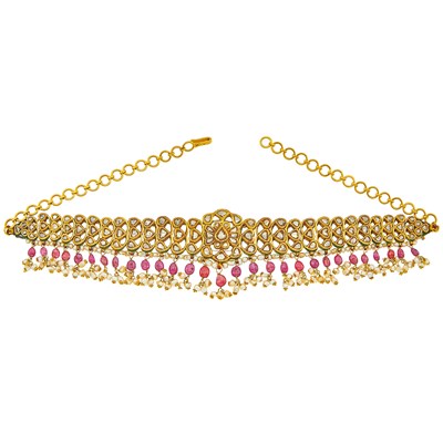 Lot 1165 - Indian Gold, Foil-Backed Diamond, Ruby Bead, Freshwater Pearl and Jaipur Enamel Choker Necklace