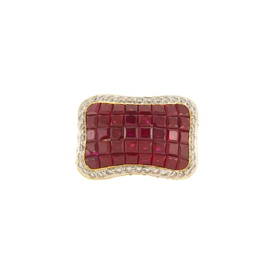 Lot 1025 - Gold, Invisibly-Set Ruby and Diamond Ring