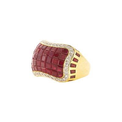 Lot 1025 - Gold, Invisibly-Set Ruby and Diamond Ring