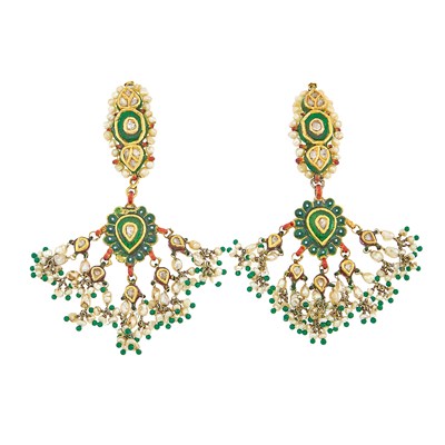 Lot 1168 - Pair of Indian Gold, Foil-Backed Diamond, Freshwater Pearl and Jaipur Enamel Fringe Pendant-Earrings