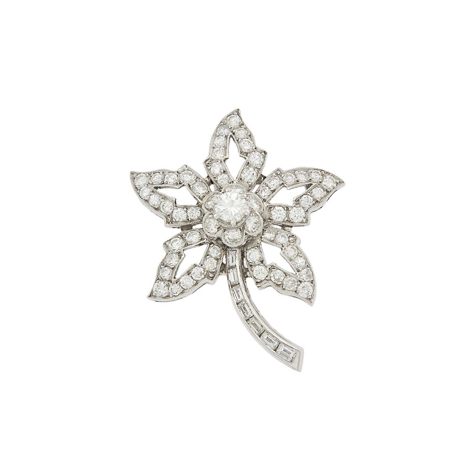 Lot 1095 - Platinum and Diamond Flower Pendant-Brooch