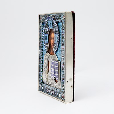 Lot 505 - Russian Parcel-Gilt Silver and Cloisonné Enamel Icon of Christ Pantocrator