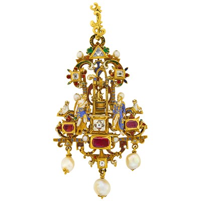 Lot 51 - Renaissance Gold, Diamond, Gem-Set, Pearl and Enamel Pendant of Jacob and Rebecca