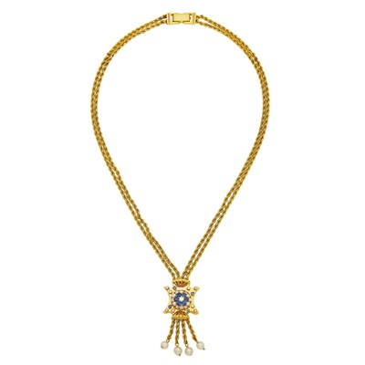 Lot 1017 - Double Strand Gold, Sapphire, Cultured Pearl and Diamond Fringe Pendant-Necklace