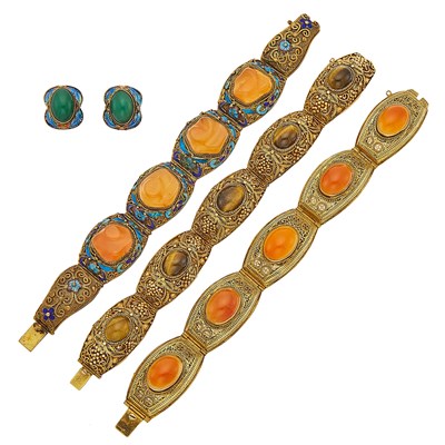 Lot 1164 - Three Silver-Gilt, Tiger's Eye, Coral, Enamel and Orange Glass Bracelets and Pair of Earclips