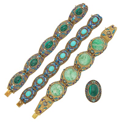 Lot 1163 - Three Silver-Gilt, Turquoise, Carved Jade, Malachite and Enamel Bracelets and Ring