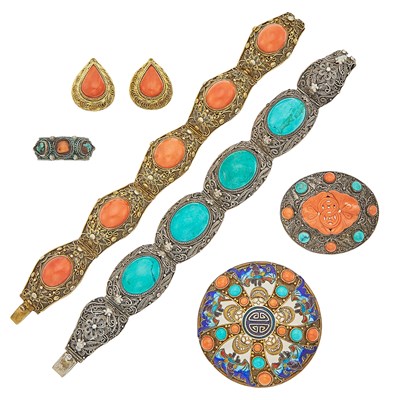 Lot 1162 - Two Silver-Gilt, Silver, Coral and Turquoise Bracelets, Two Brooches, Ring and Pair of Coral Earclips