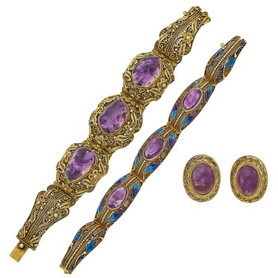 Lot 1161 - Two Silver-Gilt, Amethyst, Cabochon Amethyst and Enamel Bracelets and Pair of Earclips