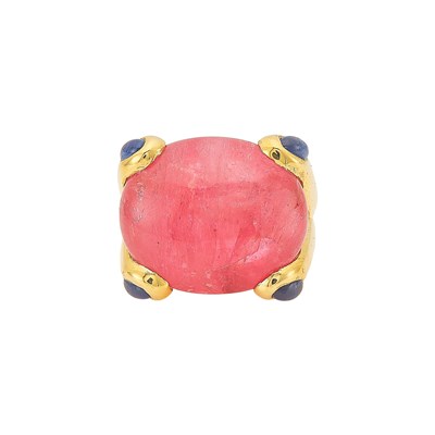 Lot 1045 - Gold, Cabochon Pink Tourmaline and Sapphire Ring