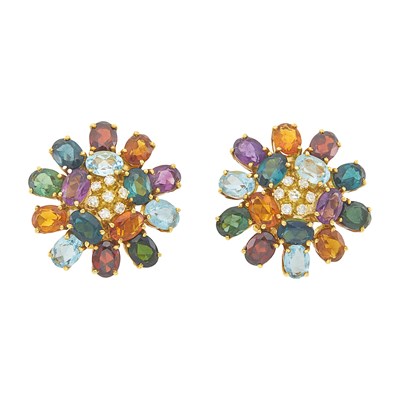 Lot 1229 - Pair of Gold, Colored Stone and Diamond Earclips