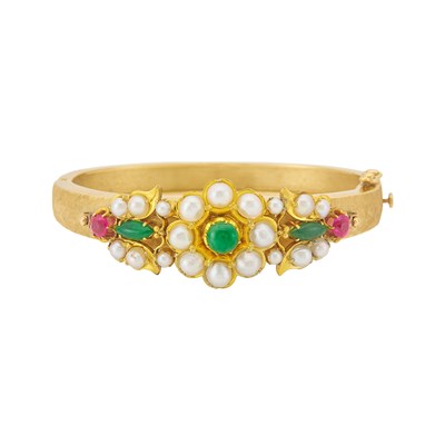 Lot 1155 - Gold, Cultured Pearl, Jade and Synthetic Ruby Bangle Bracelet