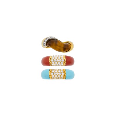 Lot 10 - Two Gold, Coral, Turquoise Composite and Diamond Rings and Tiffany & Co. Tiger's Eye  and Diamond Ring