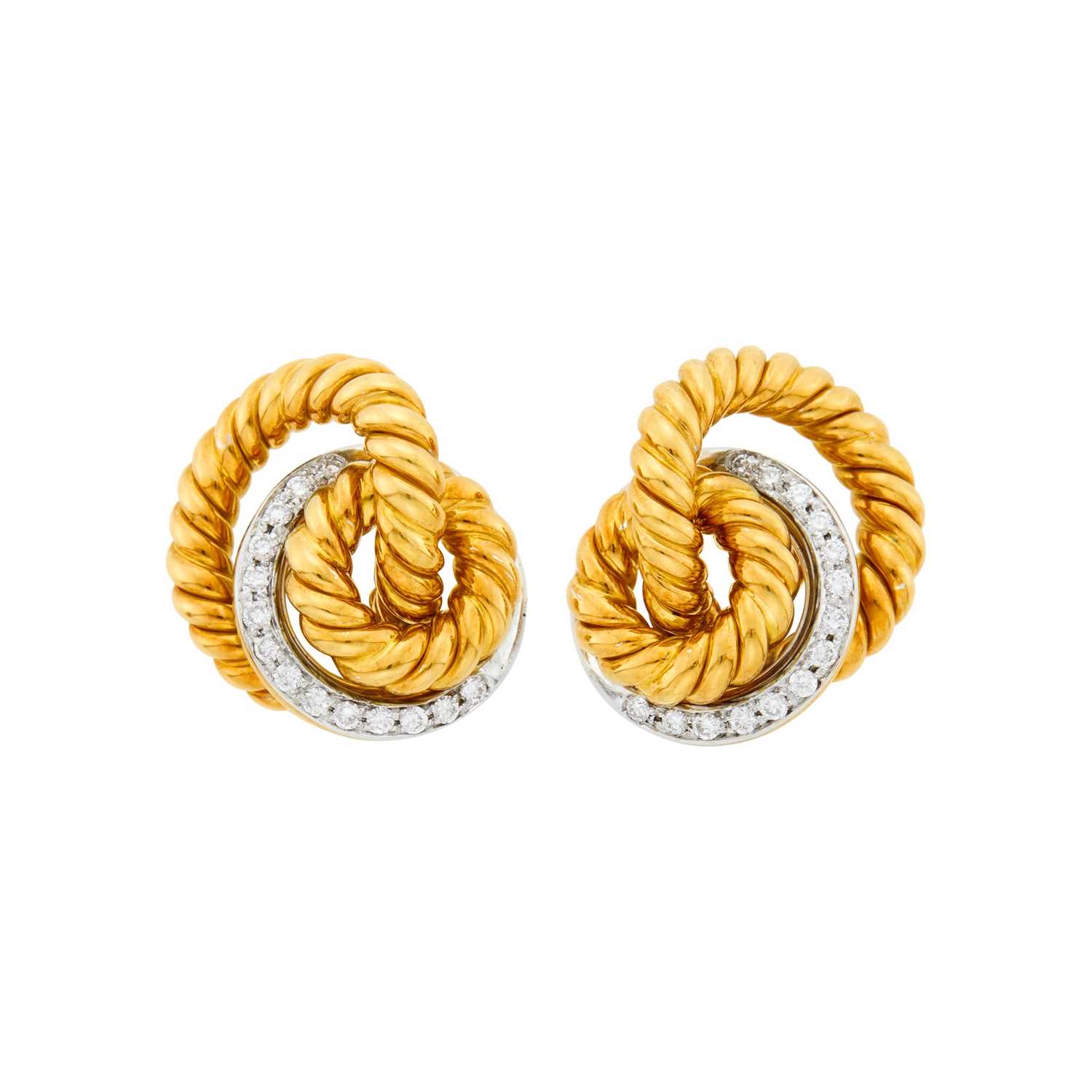 Lot 114 - Pair of Two-Color Gold and Diamond Fluted Circle Link Earclips