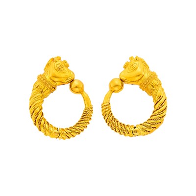 Lot 137 - Ilias Lalaounis Pair of Gold Bull's Head Hoop Earclips