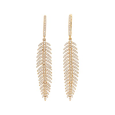 Lot 1194 - Pair of Rose Gold and Diamond Feather Pendant-Earrings