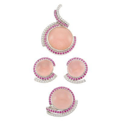 Lot 1113 - White Gold, Rose Quartz, Ruby and Diamond Pendant, Ring and Pair of Earrings