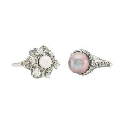 Lot 1133 - White Gold, Cultured Pearl and Diamond Ring and Two-Color Gold, Gray Cultured Pearl and Colored Diamond Ring