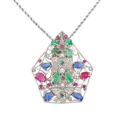 Lot 1088 - White Gold, Carved Colored Stone and Diamond Pendant-Brooch with Chain Necklace