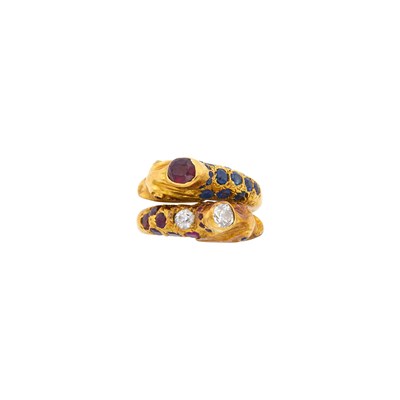 Lot 136 - Elizabeth Gage High Karat Gold, Diamond, Sapphire and Ruby Dolphin Crossover Ring