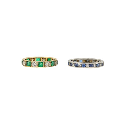 Lot 1123 - Tiffany & Co. Platinum, Sapphire and Diamond Band Ring and Gold and Emerald Band Ring