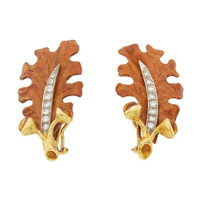 Lot 1003 - Pair of Gold, Carved Wood, Diamond and Cabochon Citrine Oak Leaf Earclips