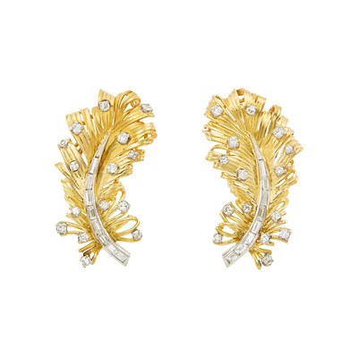 Lot 1026 - Pair of Gold and Diamond Feather Earrings