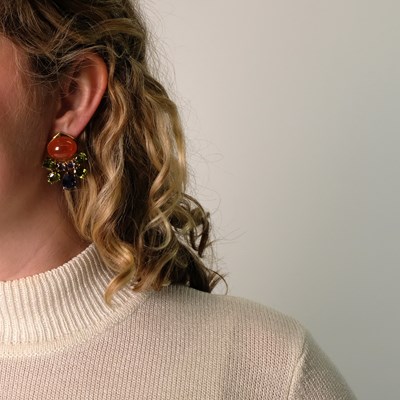 Lot 96 - Pair of Gold, Cabochon Orange Garnet, Tanzanite and Peridot Earclips