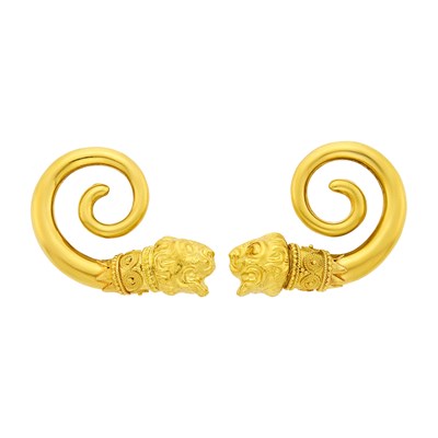 Lot 1 - Ilias Lalaounis Pair of Gold Coiled Chimera Earclips