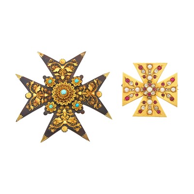 Lot 1013 - Two Antique Gold and Gem-Set Maltese Cross Brooches