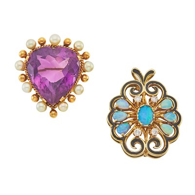 Lot 1128 - Gold, Amethyst and Cultured Pearl Brooch and La Triomphe Opal, Enamel and Diamond Pendant-Brooch