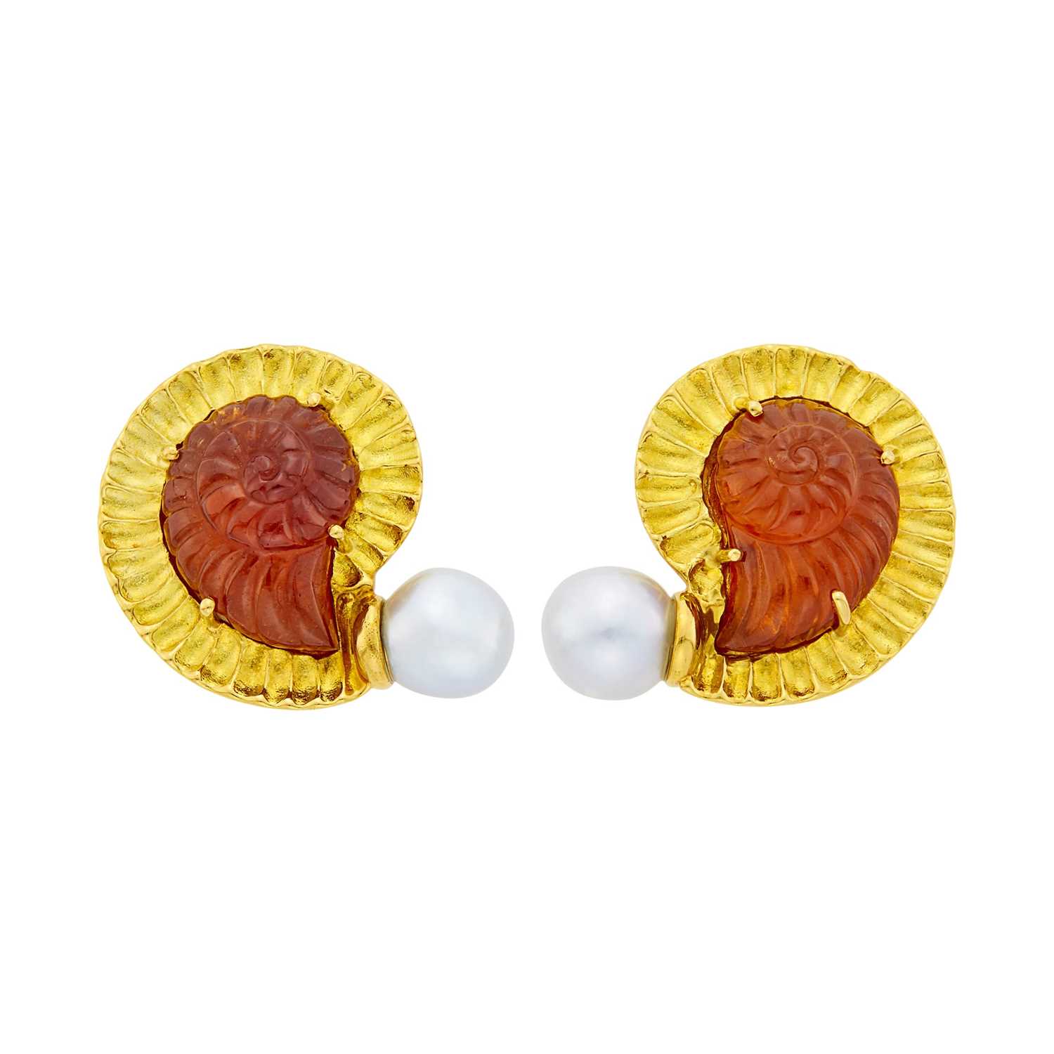 Lot 67 - Elizabeth Gage Pair of Gold, Carved Amber and Semi-Baroque Gray Cultured Pearl Earclips