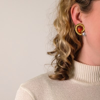 Lot 67 - Elizabeth Gage Pair of Gold, Carved Amber and Semi-Baroque Gray Cultured Pearl Earclips