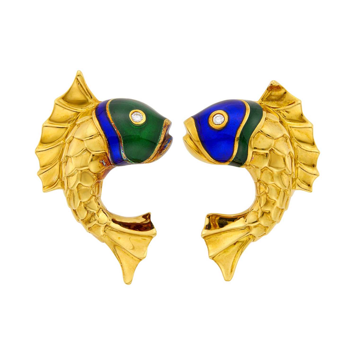 Lot 9 - Judith Leiber Pair of Gold, Enamel and Diamond Fish Earclips