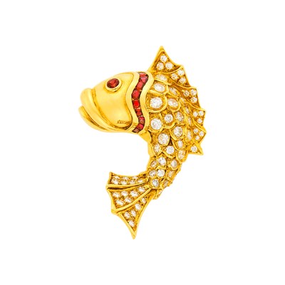 Lot 112 - Judith Leiber Gold, Diamond and Ruby Fish Brooch