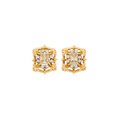 Lot 1145 - Pair of Gold, Colored Diamond and Diamond Earclips