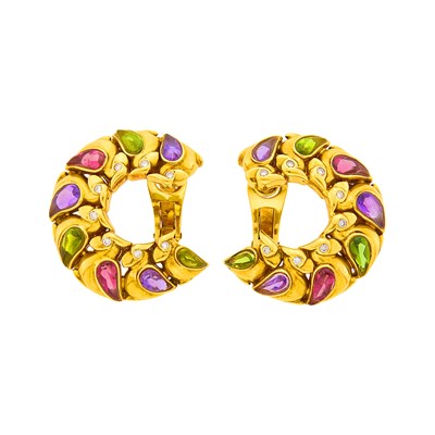 Lot 60 - Bulgari Pair of Gold, Cabochon Colored Stone and Diamond Crescent Earclips