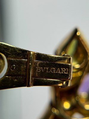 Lot 60 - Bulgari Pair of Gold, Cabochon Colored Stone and Diamond Crescent Earclips