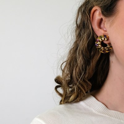 Lot 60 - Bulgari Pair of Gold, Cabochon Colored Stone and Diamond Crescent Earclips