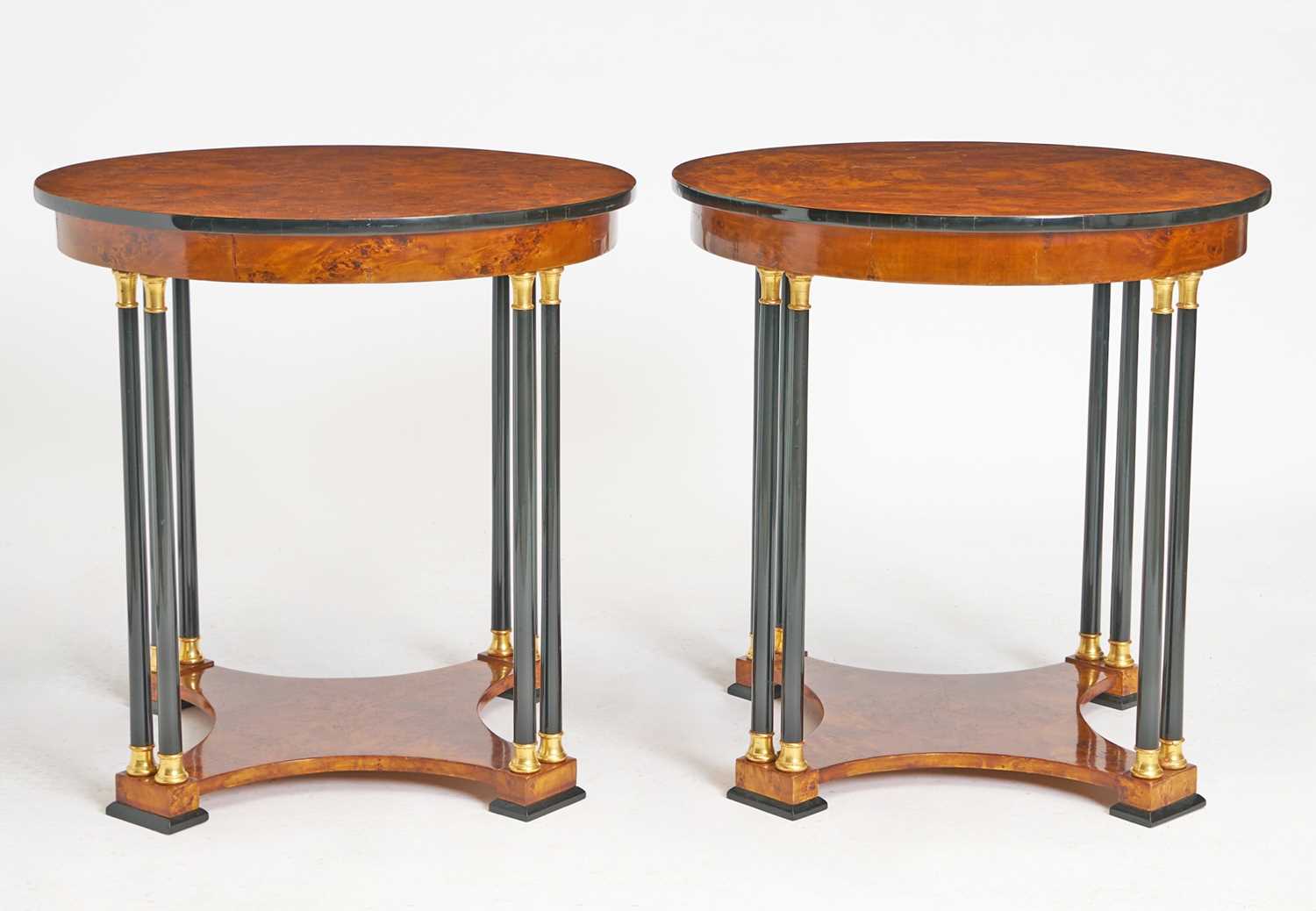 Lot 288 - Pair of Biedermeier Neoclassical Revival Burl Walnut & Ebonized Side Tables