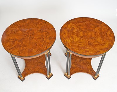 Lot 288 - Pair of Biedermeier Neoclassical Revival Burl Walnut & Ebonized Side Tables