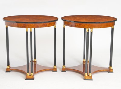 Lot 288 - Pair of Biedermeier Neoclassical Revival Burl Walnut & Ebonized Side Tables