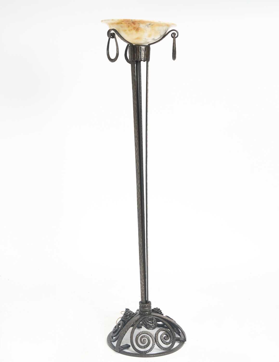 Lot 381 - Art Deco Style Wrought Iron and Alabaster Floor Lamp