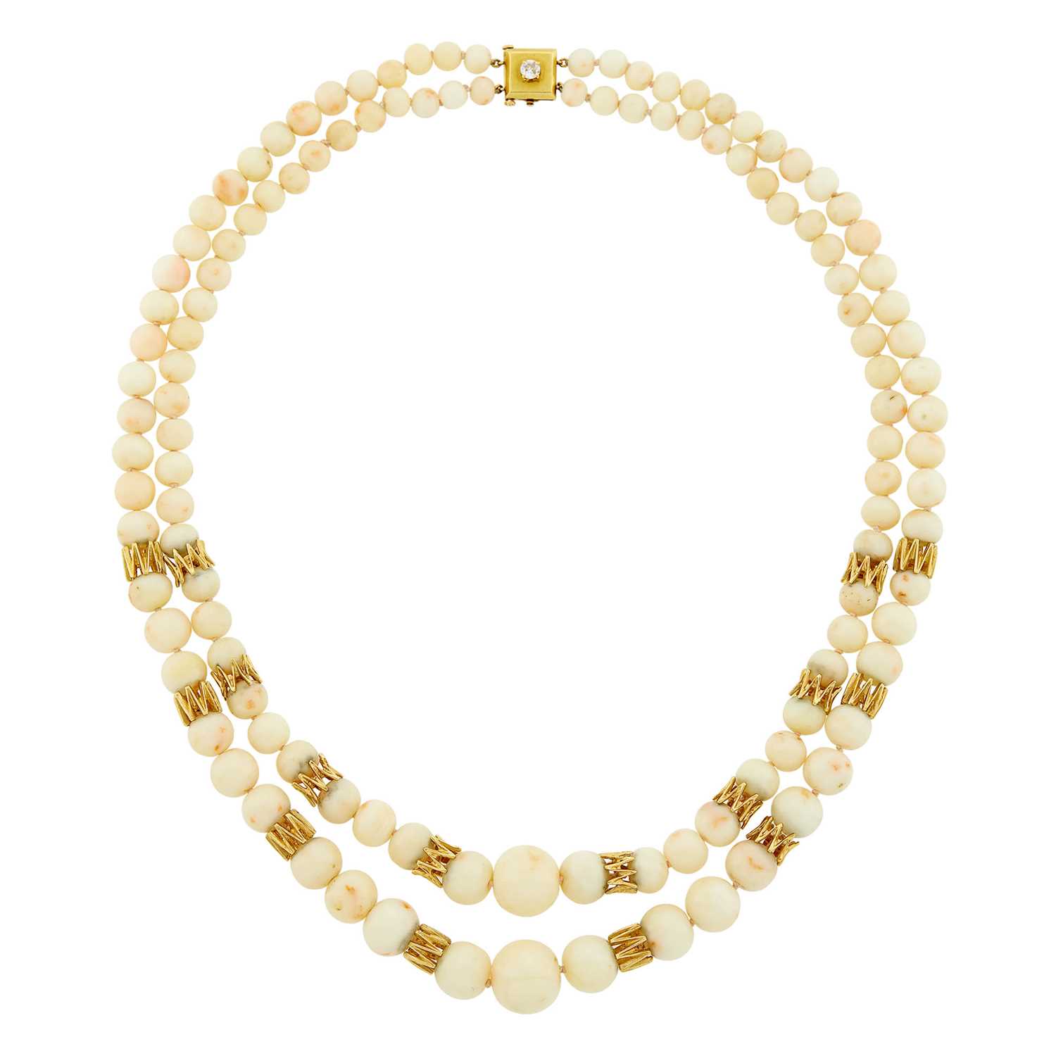 Lot 173 - Van Cleef & Arpels Double Strand White and Angel Skin Coral and Gold Link Necklace with Gold and Diamond Clasp