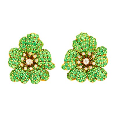 Lot 1025 - Pair of Gold, Green Garnet and Diamond Flower Earclips