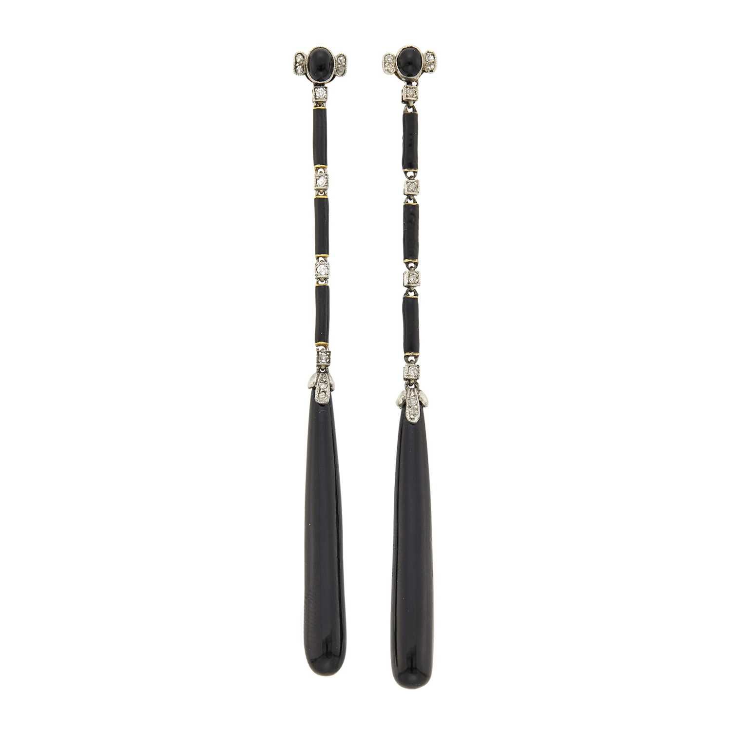 Lot 81 - Pair of Platinum, Gold, Black Onyx, Black Enamel and Diamond Pendant-Earclips