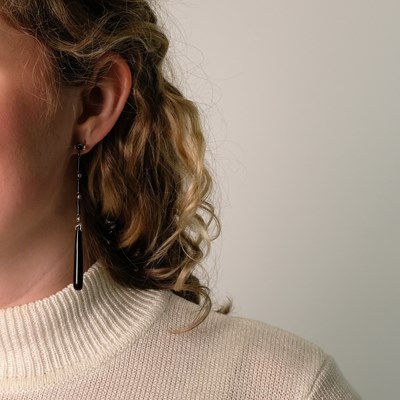 Lot 81 - Pair of Platinum, Gold, Black Onyx, Black Enamel and Diamond Pendant-Earclips