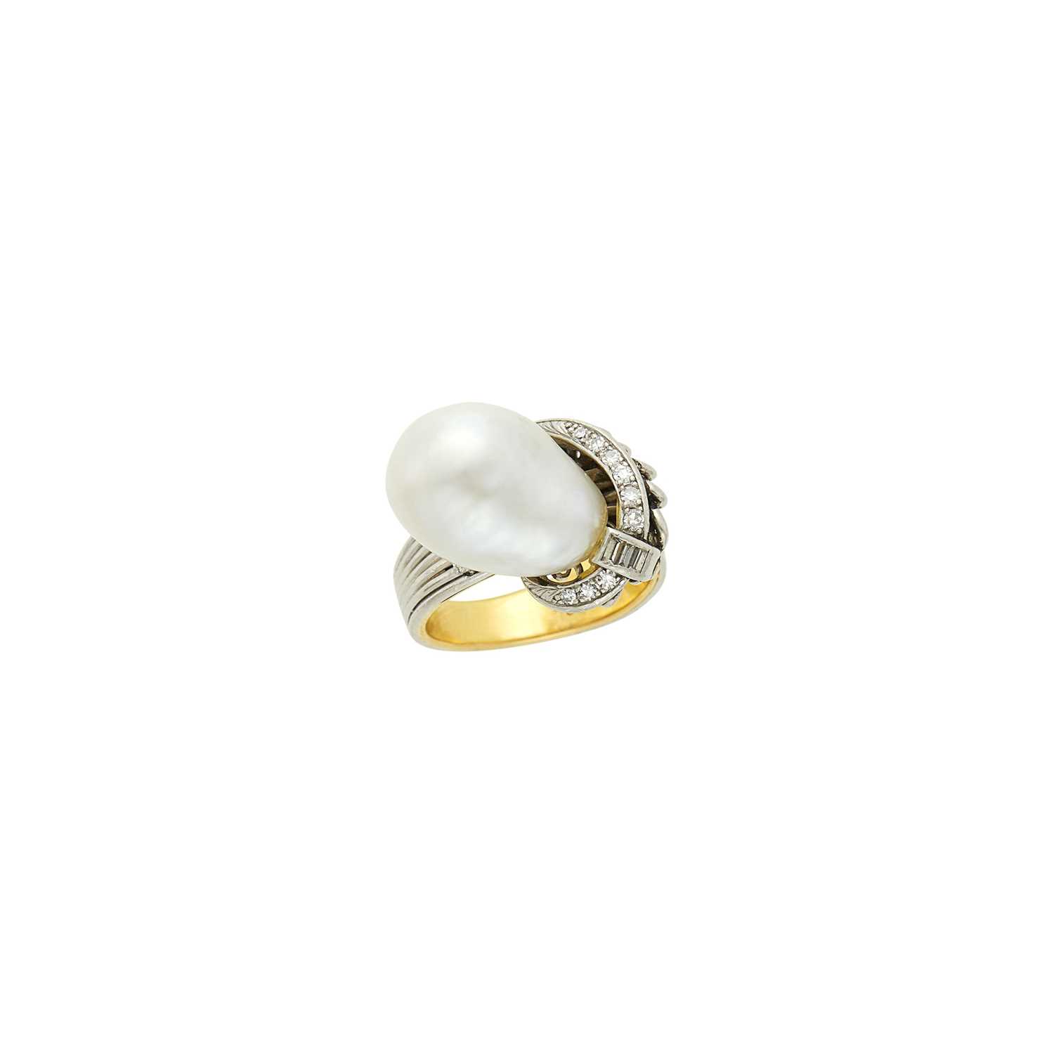 Lot 58 - Platinum, Gold, Baroque Cultured Pearl and Diamond Ring