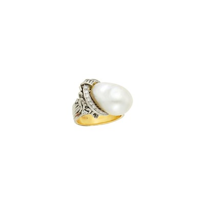 Lot 58 - Platinum, Gold, Baroque Cultured Pearl and Diamond Ring