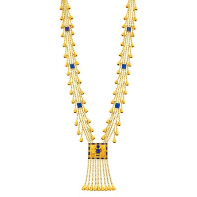 Lot 1113 - Triple Strand Long Gold and Lapis Pendant Fringe Necklace, France